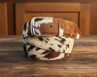 Genuine Hair-On Cowhide Leather Belt | Rustic Western Cowboy Style