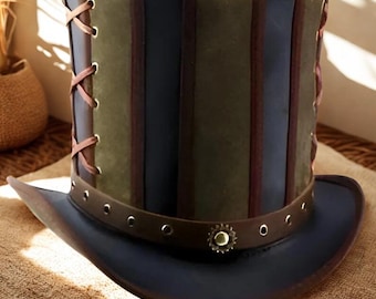 Handmade Steampunk Leather Top Hat | Striped Victorian Cosplay Hat