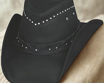 Handmade Black Leather Cowboy Hat | Studded Western Rodeo Hat