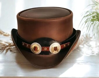 Handmade Brown Leather Steampunk Top Hat – Brass Conchos, Victorian Style