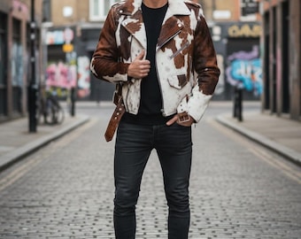 Chaqueta de piel de vaca hecha a mano / Abrigo con estampado de vaca estilo western con pelo sobre piel / Prenda exterior estilo rodeo vintage