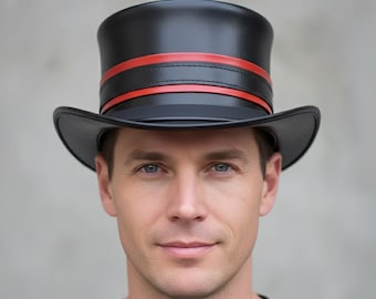 Black Red Leather Steampunk Top Hat | Handmade Victorian Gothic Cosplay, Festival Top Hat |