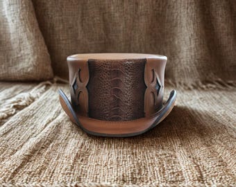 Sombrero de copa de cuero hecho a mano / Sombrero vaquero steampunk marrón con relieve de cocodrilo / Moda rústica para festivales, regalo único