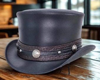 Handmade Black Leather Top Hat: Steampunk Victorian Concho Hat