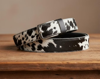 Genuine Hair-On Cowhide Leather Belt – Black White Western Cowboy Style