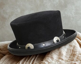 Handmade Black Suede Top Hat with Silver Conchos | Steampunk Cosplay