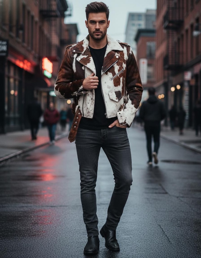 May include: A brown and white cowhide leather jacket with a black shirt and dark gray jeans. The jacket has a classic biker style with a notched collar, zipper closure, and a belt at the waist. The person is standing on a wet street.