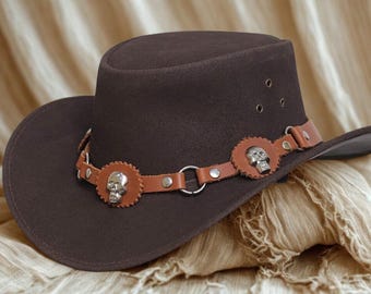 Handmade Brown Leather Cowboy Hat with Skull Chain | Western Biker Hat | Gothic Steampunk Accessory |