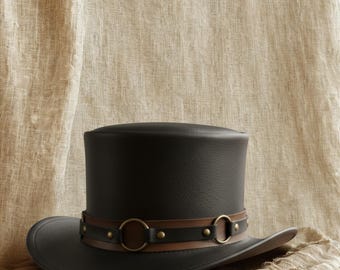 Handmade Black Leather Steampunk Top Hat | Gothic Cosplay