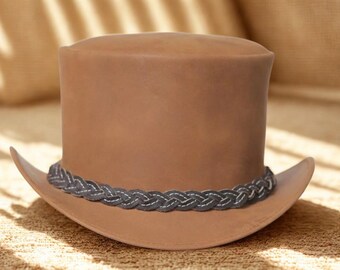 Handmade Tan Leather Top Hat | Western Style Hat with Braided Band