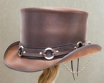 Handmade Brown Leather Steampunk Top Hat | Cosplay Accessory