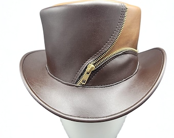 Handmade Leather Steampunk Top Hat | Brass Zipper Costume Accessory
