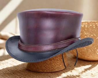Burgundy Black Leather Top Hat | Steampunk Victorian Hat | Unisex Festival & Cosplay Accessory |