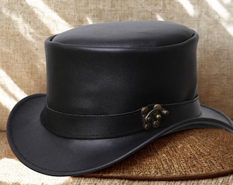 Handmade Genuine Leather Steampunk Top Hat | Black Victorian Gentleman Hat | Gothic Festival Cosplay Accessory |