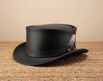 Handmade Leather Steampunk Western Hat with Feather Accent !  Unique Artisan Cowboy Style