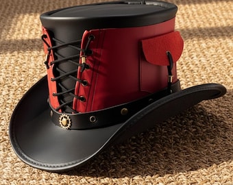 Red Black Leather Steampunk Top Hat | Victorian Cosplay Hat | Handmade LARP Festival Costume | Burning Man Headwear