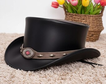 Black Leather Western Top Hat | Handmade Gothic Cowboy Steampunk Festival Headwear | Biker Fashion Accessory