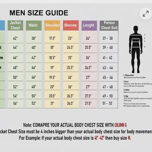 May include: A size guide for men's jackets, with measurements in inches for chest, waist, shoulder, and sleeves. Includes a body diagram and instructions for accurate sizing. The guide ranges from XS to 4XL.