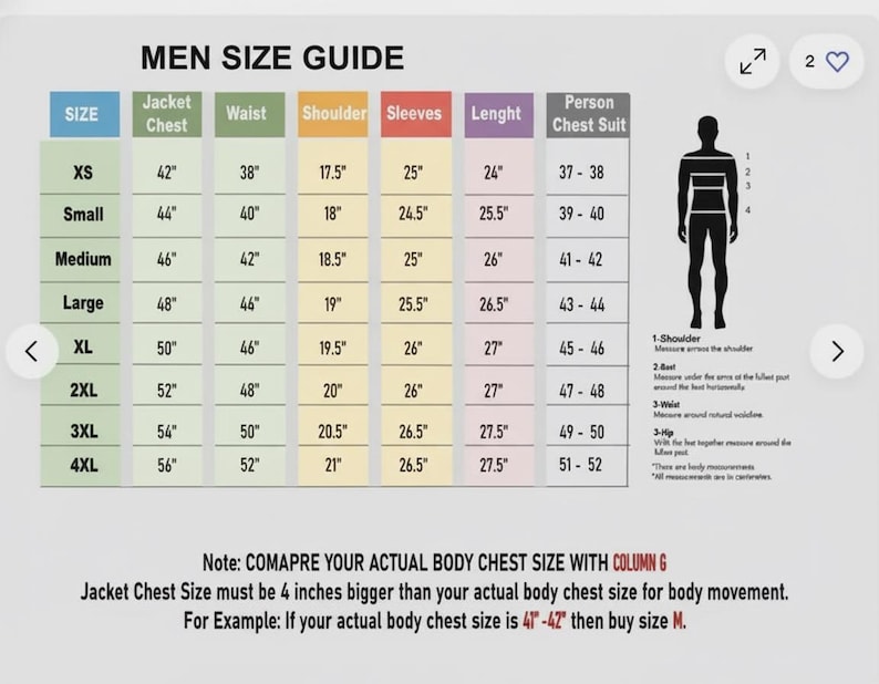 May include: A size guide for men's jackets, with measurements in inches for chest, waist, shoulder, and sleeves. Includes a body diagram and instructions for accurate sizing. The guide ranges from XS to 4XL.