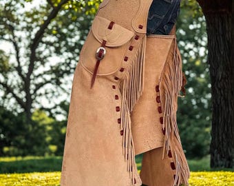 Handmade Suede Fringe Chaps – Tan Western Rodeo Leather Chaps for Men & Women | Riding Gear