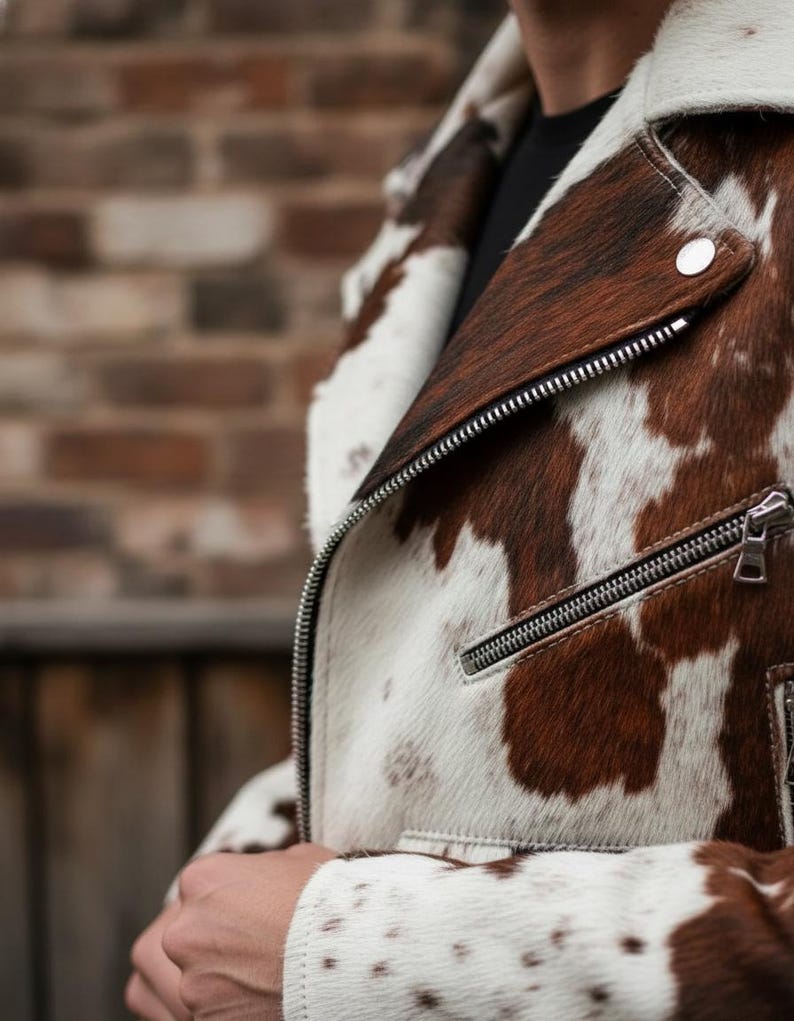 May include: A brown and white cowhide leather jacket with a silver zipper and a snap closure. The jacket has a classic biker style with a notched collar and a fitted silhouette. The jacket's pattern is a mix of brown and white patches.