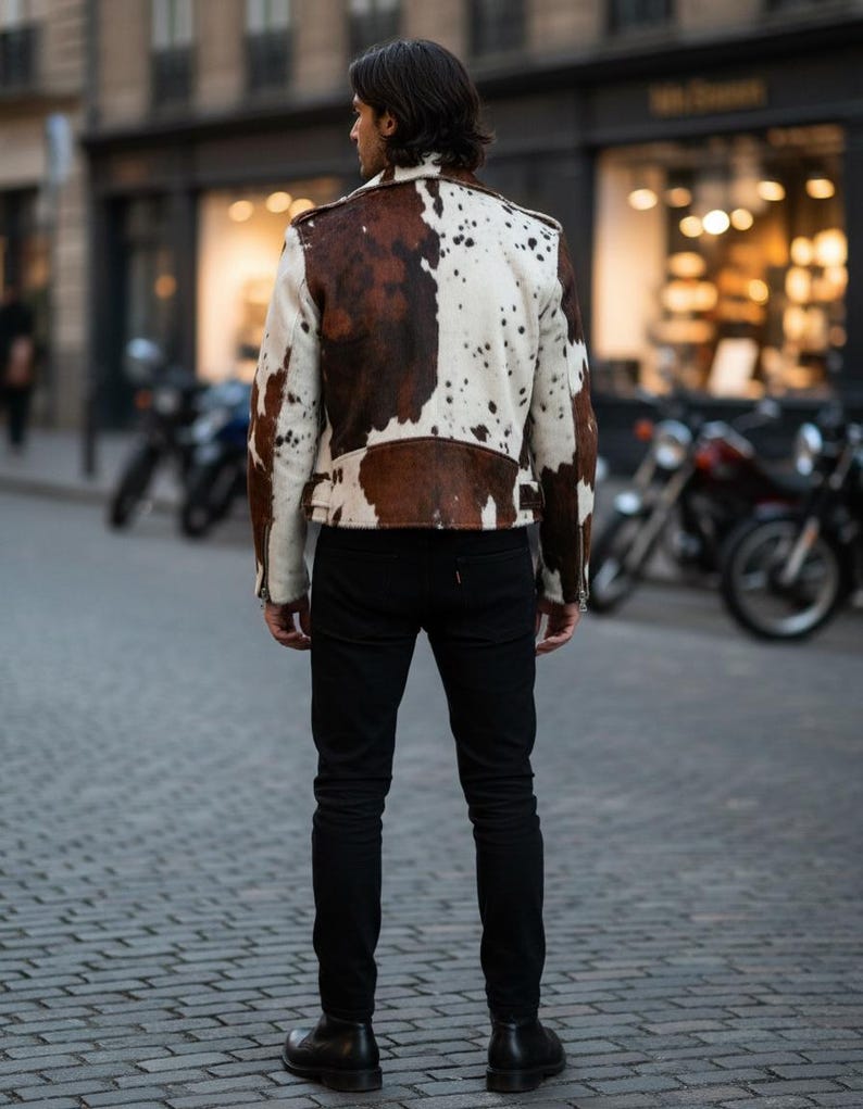 May include: A cowhide leather jacket with a brown and white spotted pattern. The jacket has a classic biker style with a notched collar, asymmetrical zipper, and shoulder epaulets. The person is wearing black jeans and black boots.