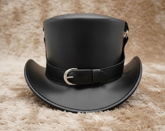 Handmade Black Leather Top Hat | Steampunk Victorian Costume Headwear | Ringmaster Cosplay Accessory | Unisex Festival Fashion