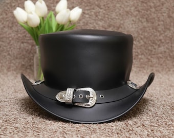 Black Leather Top Hat | Handmade Western Gothic Hat | Victorian Steampunk Headwear | Biker Festival Fashion |