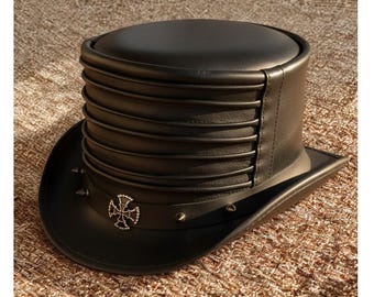 Sombrero de copa gótico steampunk de cuero negro / Sombrero motero con corona acanalada / Sombrero de moda alternativa hecho a mano / Disfraz para festival de rock