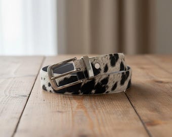 Genuine Hair-On Cowhide Leather Belt – Black White Spotted Western Style Handmade Unisex Buckle Accessory