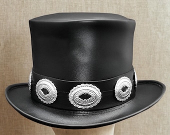 Handmade Black Leather Top Hat | Silver Conchos, Steampunk Costume