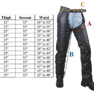 K&ouml;nnte beinhalten: Schwarze Motorrad-Chaps aus Leder mit Gr&ouml;&szlig;entabelle. Die Tabelle listet Gr&ouml;&szlig;en von 2XS bis 8XL auf, mit Oberschenkelma&szlig;en von 53 cm bis 84 cm, Schrittl&auml;nge von 84 cm und Taillenma&szlig;en von 66 bis 122 cm.