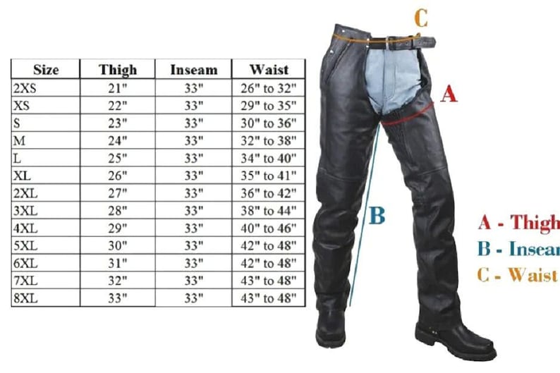 K&ouml;nnte beinhalten: Schwarze Motorrad-Chaps aus Leder mit Gr&ouml;&szlig;entabelle. Die Tabelle listet Gr&ouml;&szlig;en von 2XS bis 8XL auf, mit Oberschenkelma&szlig;en von 53 cm bis 84 cm, Schrittl&auml;nge von 84 cm und Taillenma&szlig;en von 66 bis 122 cm.