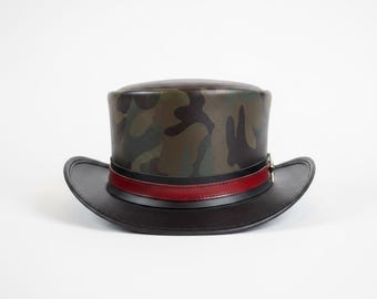Camouflage Leather Top Hat | Handmade Military Inspired Festival Hat | Western Gothic Cosplay Hat | Burning Man Costume Headwear