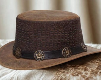 Steampunk Leather Top Hat | Brown Rustic Cosplay Hat with Brass