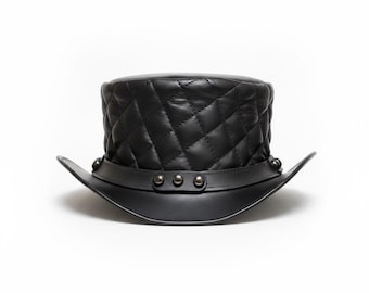Quilted Leather Steampunk Top Hat | Gothic Studded Biker Hat | Handmade Black Festival Hat | Alternative Fashion Cosplay Costume