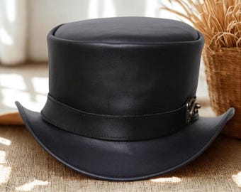 Handmade Black Leather Top Hat, Steampunk Victorian Buckle Accessory