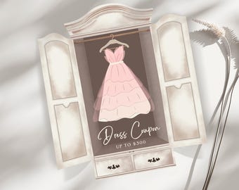 Może przedstawiać: Biała drewniana szafa z otwartymi drzwiami, ukazująca różową sukienkę wiszącą na wieszaku. Pod sukienką widnieje napis "Dress Coupon UP TO $500".