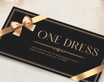 Może przedstawiać: Czarny bon podarunkowy z złotymi ozdobami i złotą kokardką. Tekst brzmi "ONE DRESS THIS CERTIFICATE IS REDEEMABLE FOR A DRESS FROM LULUS UP TO $300".