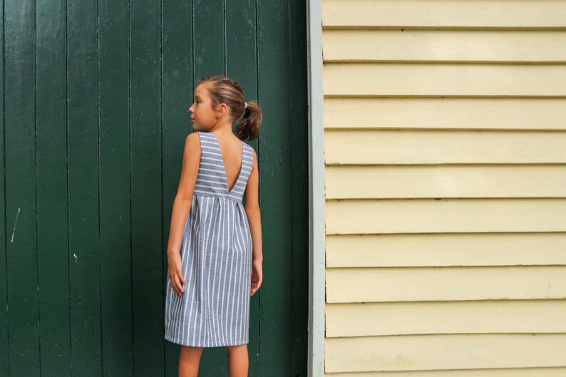 Linen fabric Stripes Minimalist dress Striped dress Sunday dress Linen striped girls dress Blue and white dress V-back summer dress