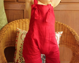 Christmas romper linen red unisex adjustable straps. Photo outfit family photoshoot. Baby romper overalls jumpsuit