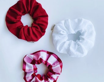 SCRUNCHIE red & white collection pack set of 3 individual red white linen SCRUNCHIE tween gift idea girls stocking stuffers check gingham