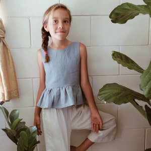 Linen Peplum top sleeveless Minimalist style. Girls beach top. Dusty pink sage green blue neutral beige birthday gift idea