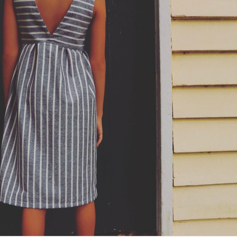 Linen fabric Stripes Minimalist dress Striped dress Sunday dress Linen striped girls dress Blue and white dress V-back summer dress