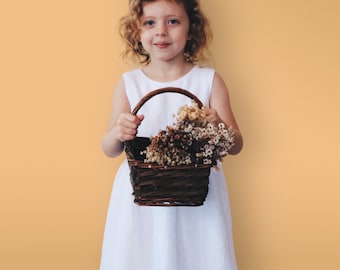 White linen flower girl dress. Minimalist dress. Woodland wedding 100% linen  V-back  summer dress cottage core  baptism custom