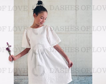 White Linen flower girl dress 100% linen V-back birthday boho girls dress gathered sleeve summer dress baptism christening communion