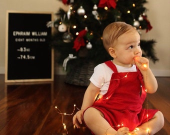 Christmas romper red linen overalls unisex adjustable straps. Photo outfit family photoshoot. Baby romper overalls jumpsuit beach Xmas baby