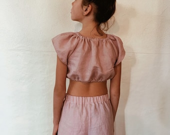 Matching set Cosmo set crop top 3/4 pants  minimalist clothing 100% linen fabric Dusty pink beach outfit Natural linen pants