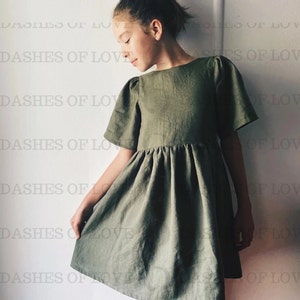 Linen girls dress sage green dusty pink Minimalist dress V-back flower girls cottage core woodland clothing beach dress. summer dress. image 8