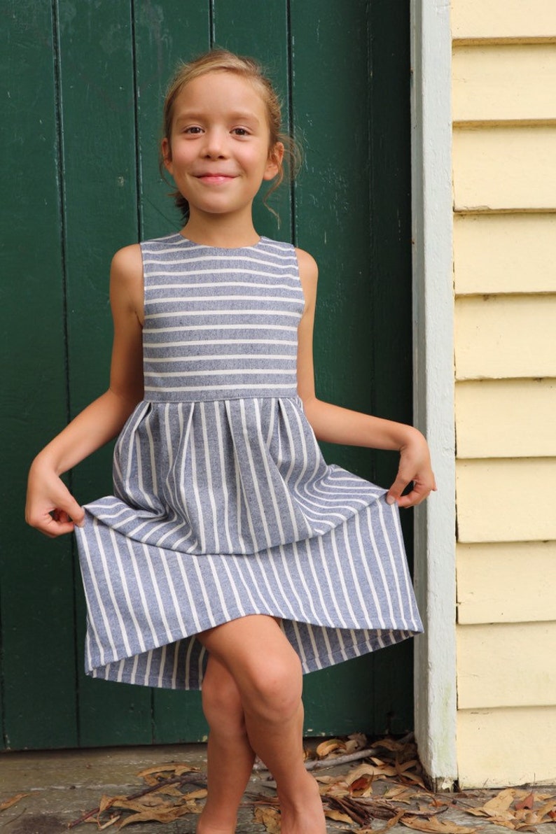 Linen fabric Stripes Minimalist dress Striped dress Sunday dress Linen striped girls dress Blue and white dress V-back summer dress